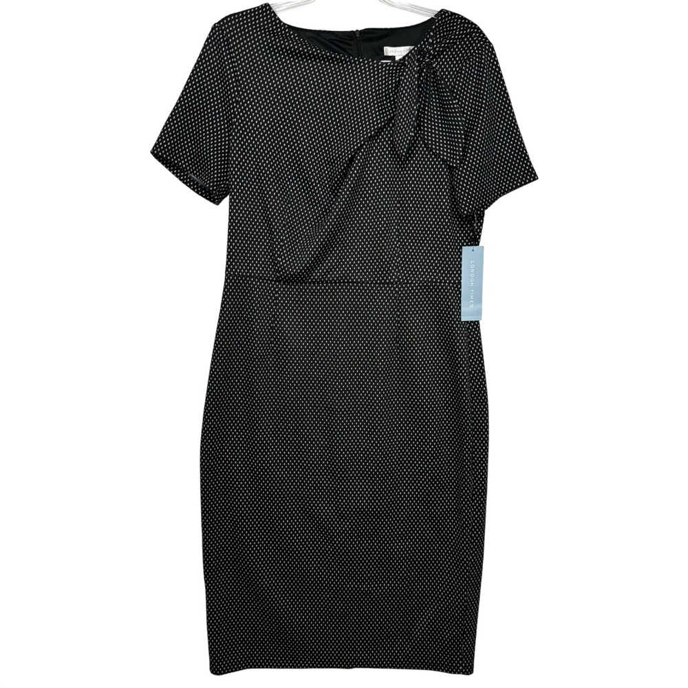 London Times Sheath Dress Womens 12 Black White Diamond Print NWT Side Tie Neck